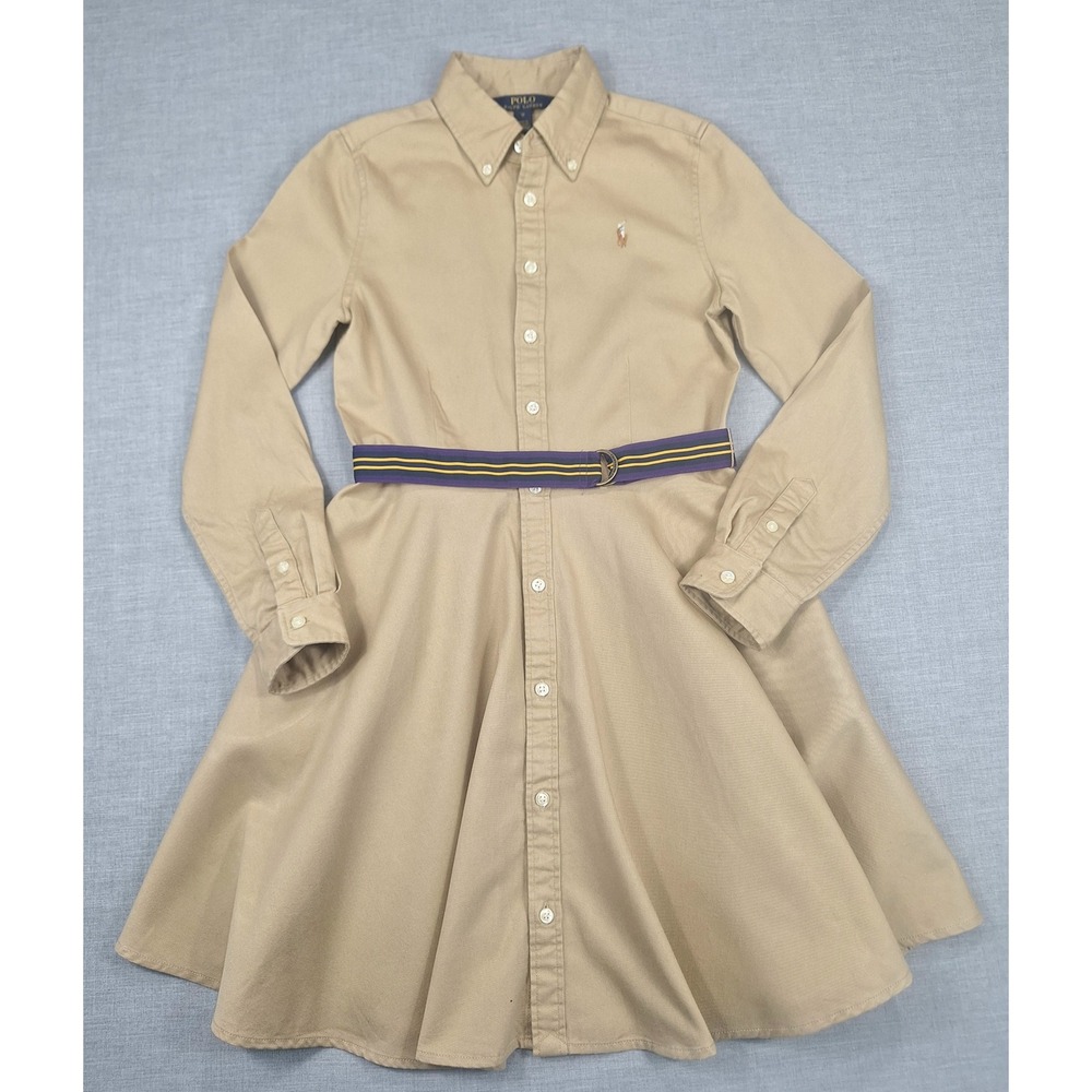 Polo Ralph Lauren Girls Khaki Tan Twill Belted Shirt Dress Size 12 Long Sleeve